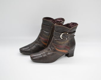 Bottines zippées en cuir (Marron | bottines épaisses à talons bas pour femme | Taille UE 38, US 7, UK 5 | Ondes douces