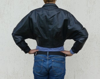 vintage black leather cropped jacket women 80s batwing bolero large size