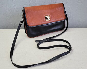 Vintage orange and black Leather shoulder bag / crossbody purse / women bag / made in Israel