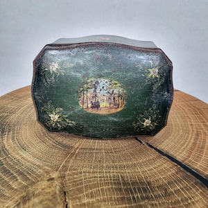 Antique Picwick Tea Tin: England Green Floral Lidded Box