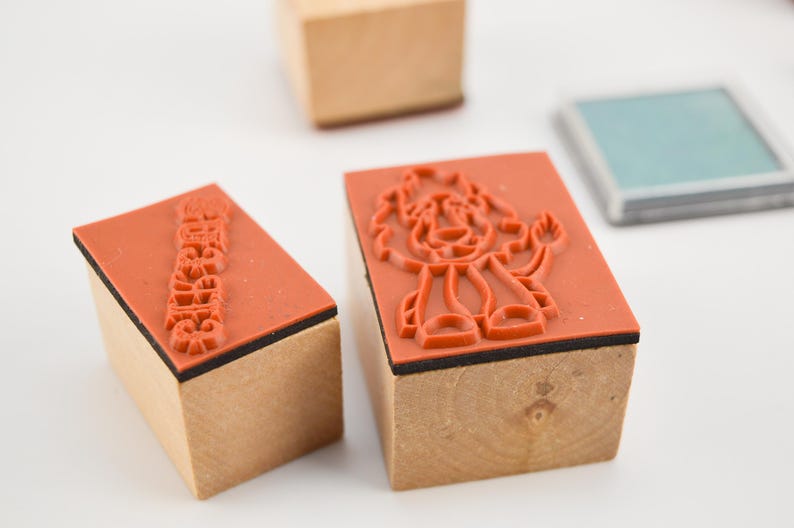 Vintage Children Toy Set of 6 Wooden Stamps and Colored Ink Tray the