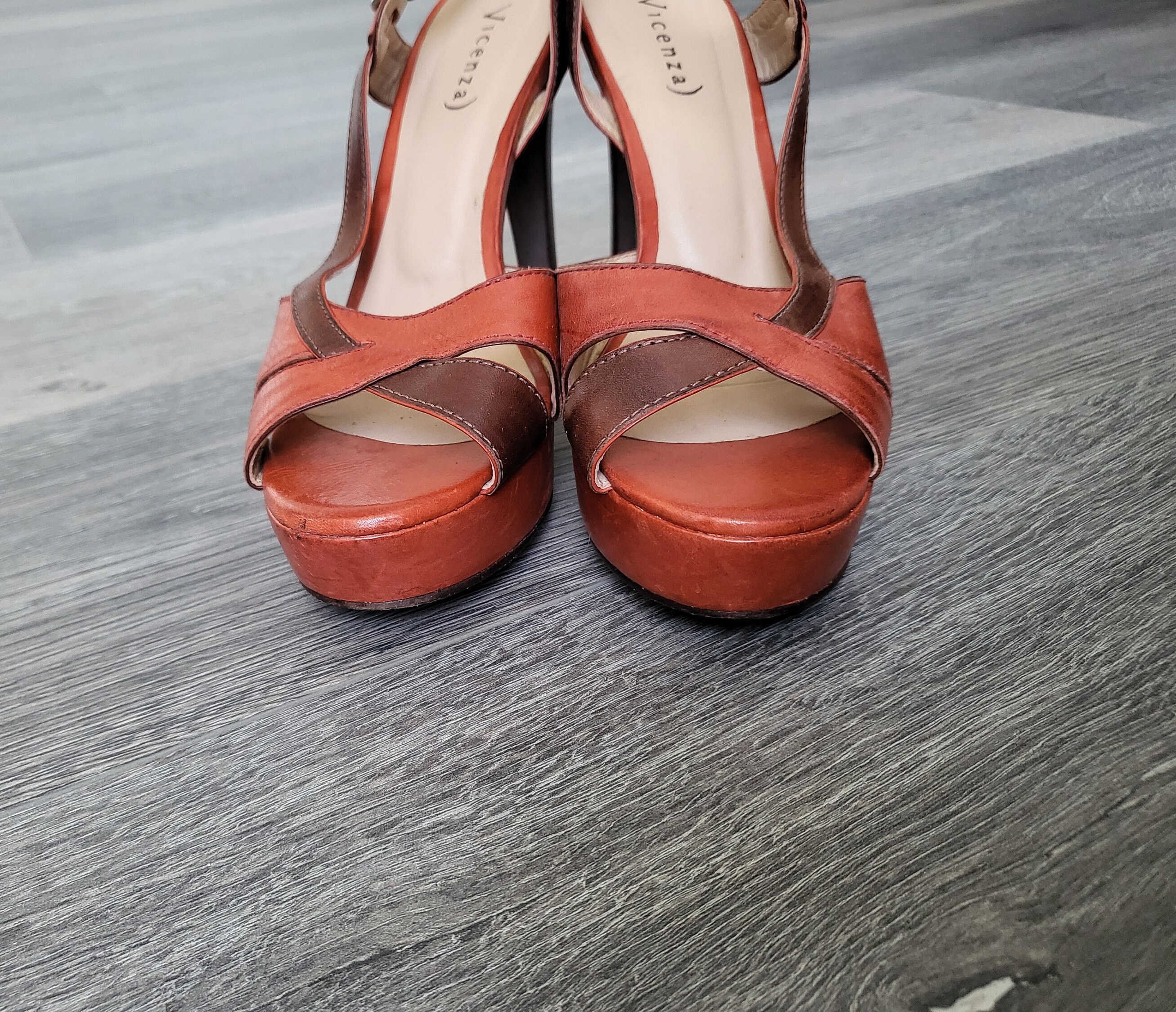 Vintage Leather Orange Sandals / High Heels Platform / Size