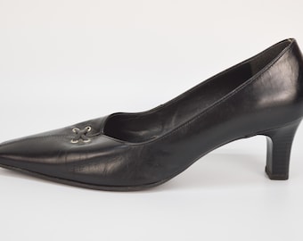 Mocasines vintage de piel negra: zapatos de tacón alto con punta cuadrada, talla 7 del Reino Unido