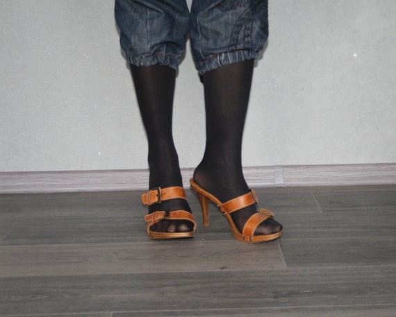 Vintage Leather Foxy Brown Mules Wooden Sandals Heeled Women