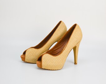 Vintage Mango Woven Fabric Pumps: Beige Peep Toe Stilettos EU39 US8.5