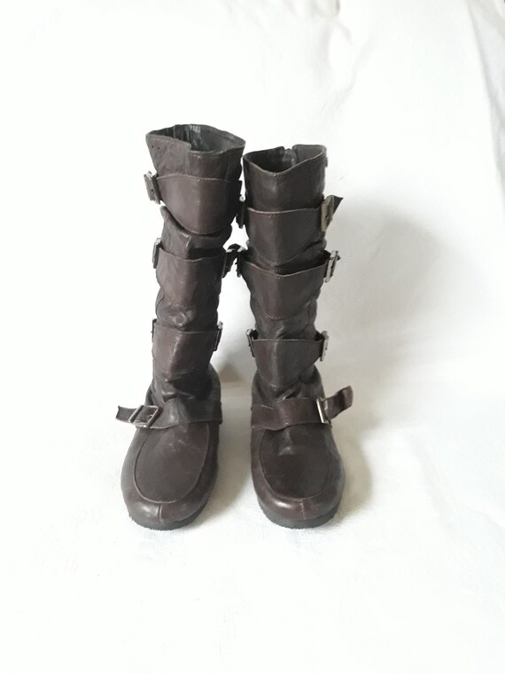 Vintage Brown Women Tanker Boots Buckle Strap Half Leather Size EU 38 Flat Heels Footwear London Etsy UK