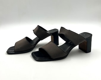 Mules de piel vintage Y2K: sandalias grises con tiras y tacón de bloque (tallas 6.5, 4 y 37 de EE. UU.)