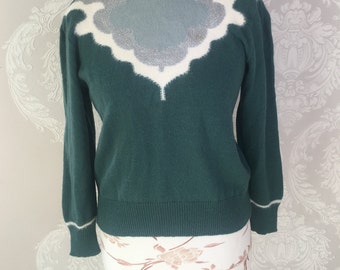 Vintage green silver women Sweater glamour german Jumper large size L