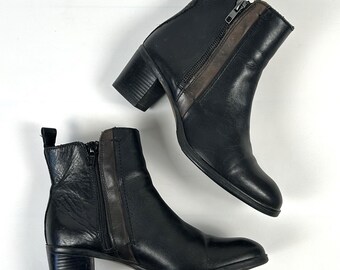 Botines de mujer de cuero negro estilo vintage: tacón grueso, talla 36EU 5US