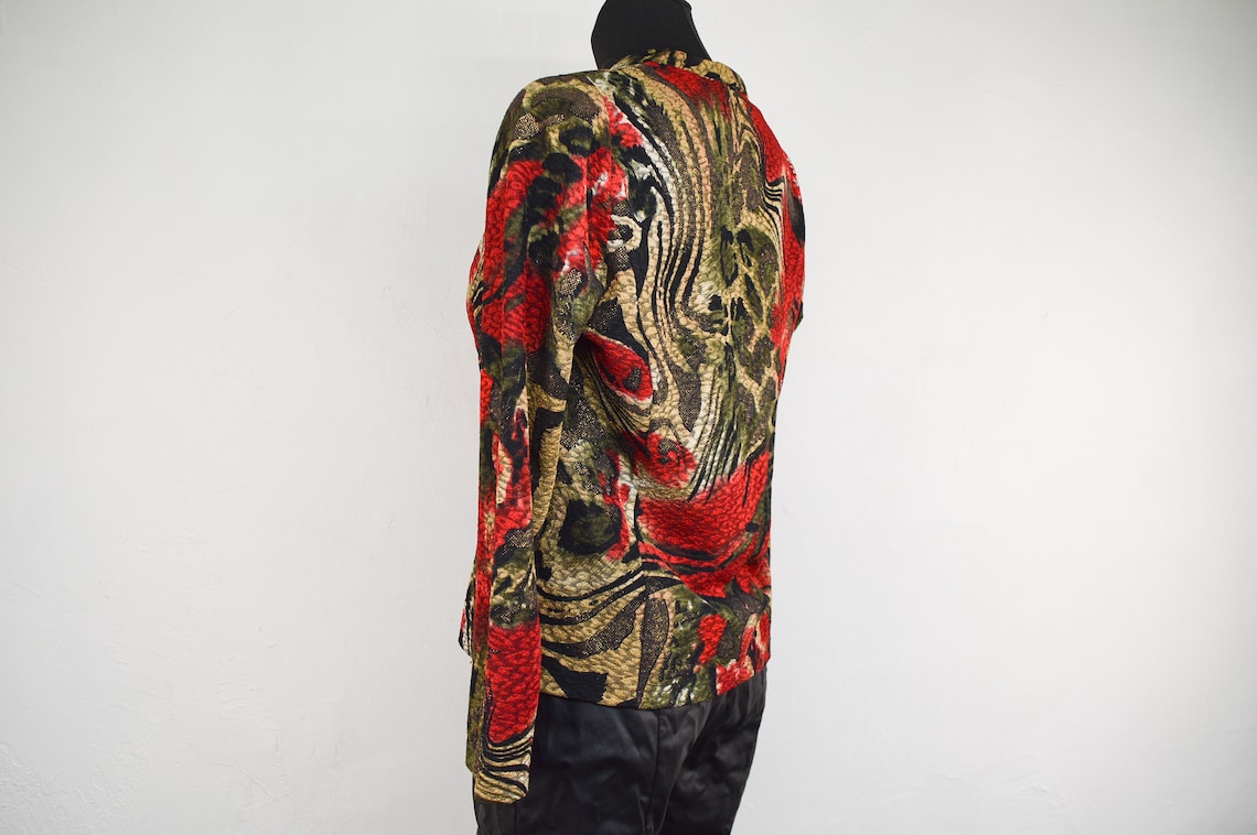 Vintage Floral Zip-Up Blazer: Abstract Pattern Jacket, Size EU M, foto 3 di 5