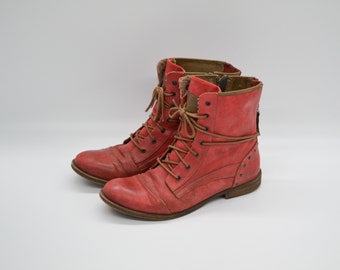 vintage en cuir zippées à lacets (Rouge Framboise) | Bottines à bout rond et talon bas pour femme | Taille UE 39 | Mustang