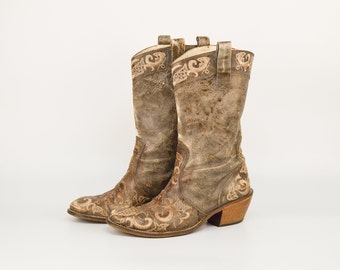Vintage Embroidered Leather Cowboy Boots: Tan Brown Cowgirl Ankle Boots EU40
