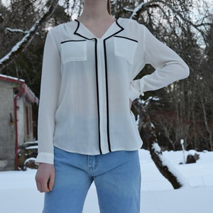 Vintage women white blouse polyester shirt see through top M size