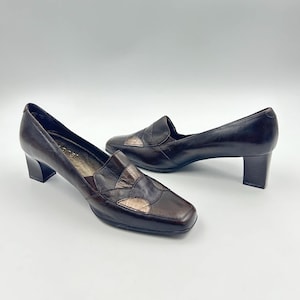 Vintage Brown Leather Loafers: Patchwork Block Heel Shoes (EU 42 / US 10)