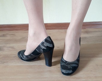 Vintage Black Suede Pumps: Italian Leather Chunky Heel Shoes EU 38