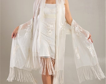 women gatsby wedding dress Size S white fringe embroidered dress 2 tulle scarfs italian Ready to ship