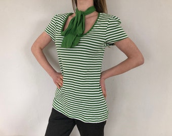 Vintage women striped white green top cotton tee T shirt L size