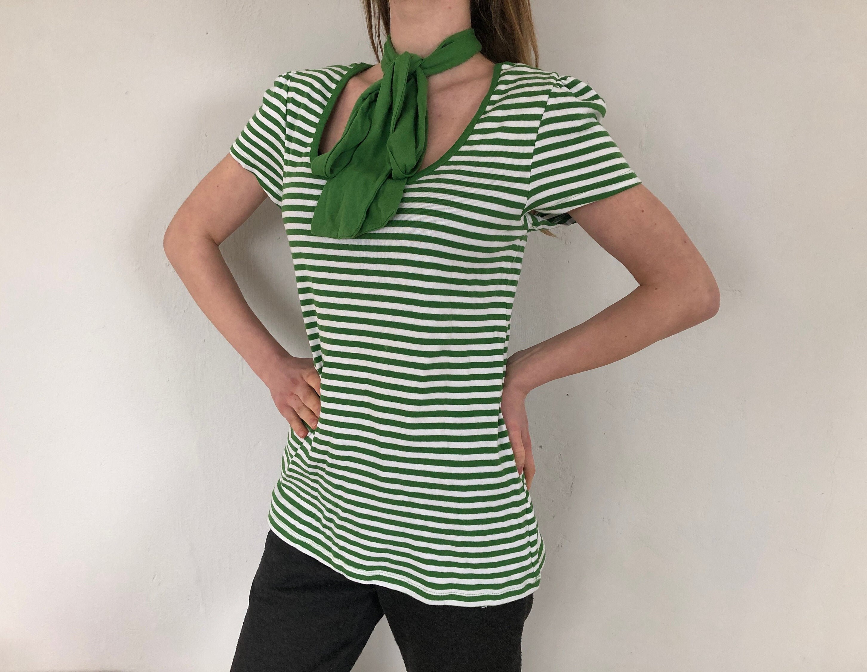 Vintage women striped white green top cotton tee T shirt L | Etsy