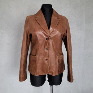 veste en cuir marron vintage femme taille L grande / blazer taille basse boutonné européen