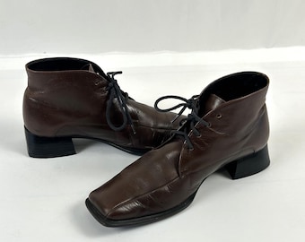 Zapatos Oxford de cuero vintage color castaño: tacón bajo, punta cuadrada - Talla 36.5EU/5.5US