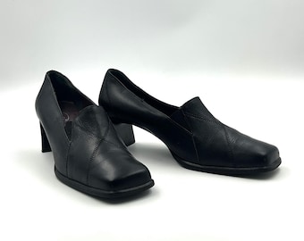 Vintage Leder Frauen Square Toe Loafers: Schwarze Chunky Heel Slip-Ons - EU 41 / US 9.5
