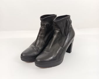 Vintage Black Leather Ankle Booties: L.K. Bennett Platform Heel, Size 37EU