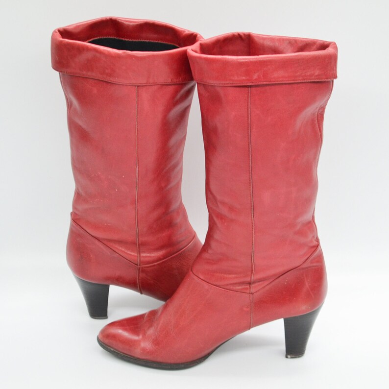 vintage leren enkellaarzen in rood Puntige teen hoge hak pull-on laarsjes voor dames Maat VK 4 1/2 afbeelding 10