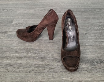 Vintage Frauen braune Wildleder offene Zehe Schuhe High Heel Plateau Pumps Sandalen EU Größe 37 made in Spain