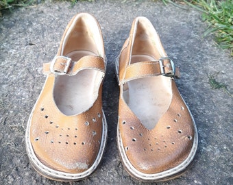 vintage brown baby shoes / retro shabby footwear leather straps kids perforated sandal / made in USSR era