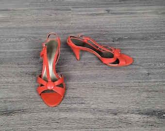 vintage coral red leather shoes / strappy sandals stiletto heels / Women Size EU 41 / made in Brazil