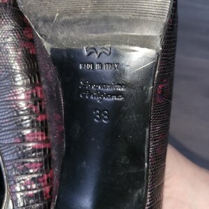 May include: Black leather heels with a snakeskin pattern and a red undertone. The heels have a label that reads "Made in Italy" and "Salvatore Ferragamo" with the size "38" printed below.