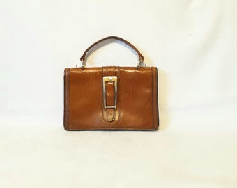 Vintage cognac brown genuine leather clutch handbag purse european women detective bag