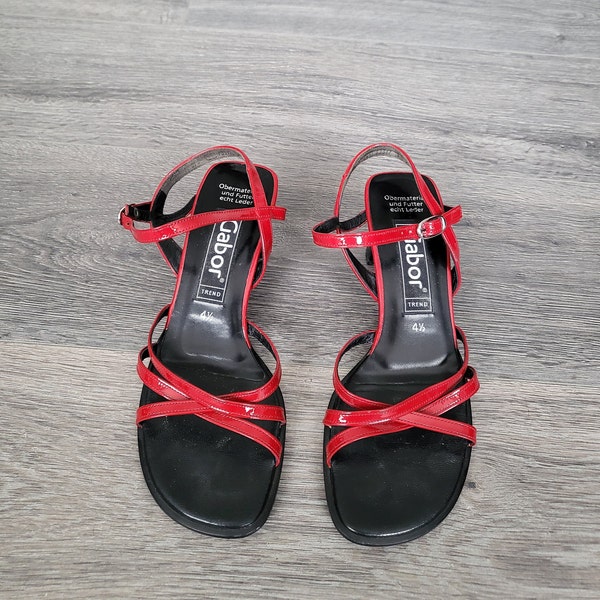vintage patent leather red sandals / Y2K shoes / block  heel Women strappy sandal / Size UK 4 1/2 / Gabor