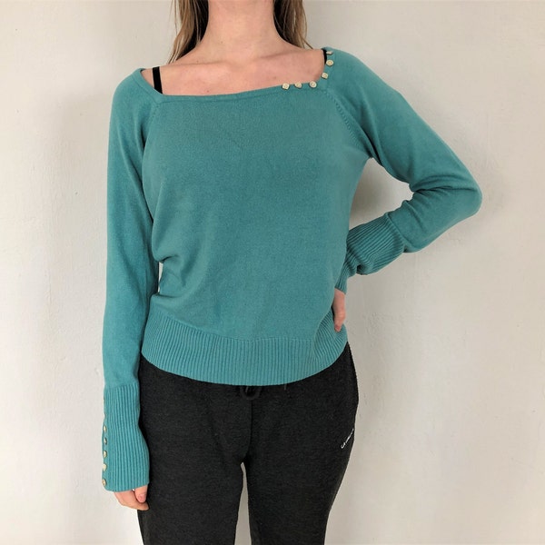 women aquamarine green sweater with decorative buttons / Jumper L large size