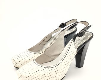 Vintage Leather Platform Slingback Pumps: Black & White Shoes, Size 38 EU