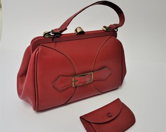 Vintage red handbag retro purse 80s vegan leather bag with wallet made in Czechoslovakia Prague