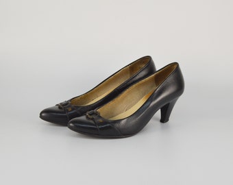 Vintage Leather Pumps in Black | Retro Pointy Toe Cone Heel Shoes for Women | Size EU 37