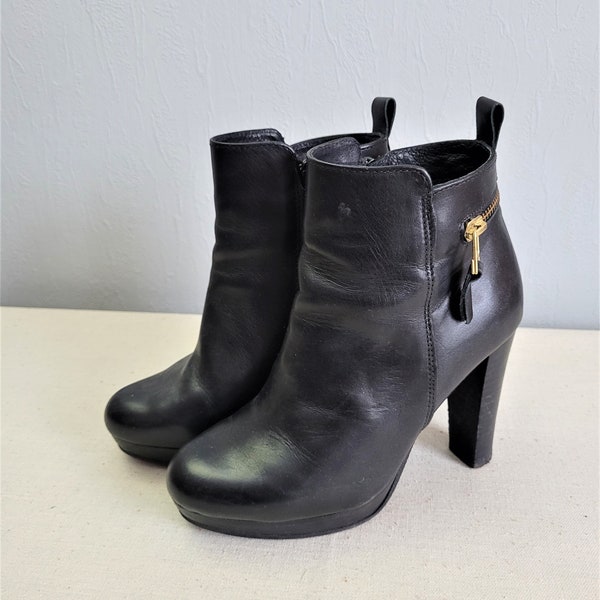 vintage black leather women platform ankle boots size EU 36 heeled booties with zippers