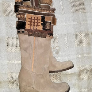 vintage beige suede leather girls knee boots fur bootleg 35 size EU