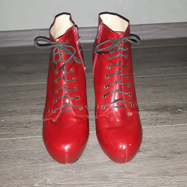 red leather lace up ankle heeled boots women spring European 40 size platform booties