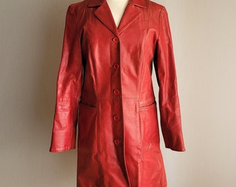 vintage genuine leather red trench coat / Women button up jacket / Size S M / European Concord H M