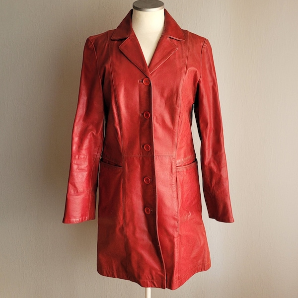 Trench rouge vintage en cuir véritable / Veste boutonnée pour femme / Taille S M / European Concord H M