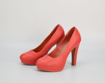 Zapatos de plataforma de cuero: tacones de aguja rosa frambuesa, talla 38