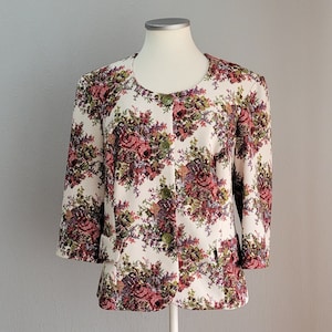Vintage Floral Blazer in White and Red | Sleeved and Shoulders pads Button up Jacket for Women | Size EU 42 | Maxim