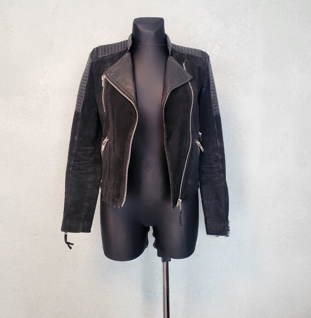 Black Suede Leather Rocker Women Jacket S Size EU / Biker Motorcycle ...
