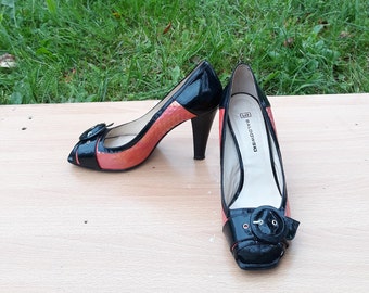 Vintage Peach & Black Heeled Sandals - Peep Toe Shoes EU 38