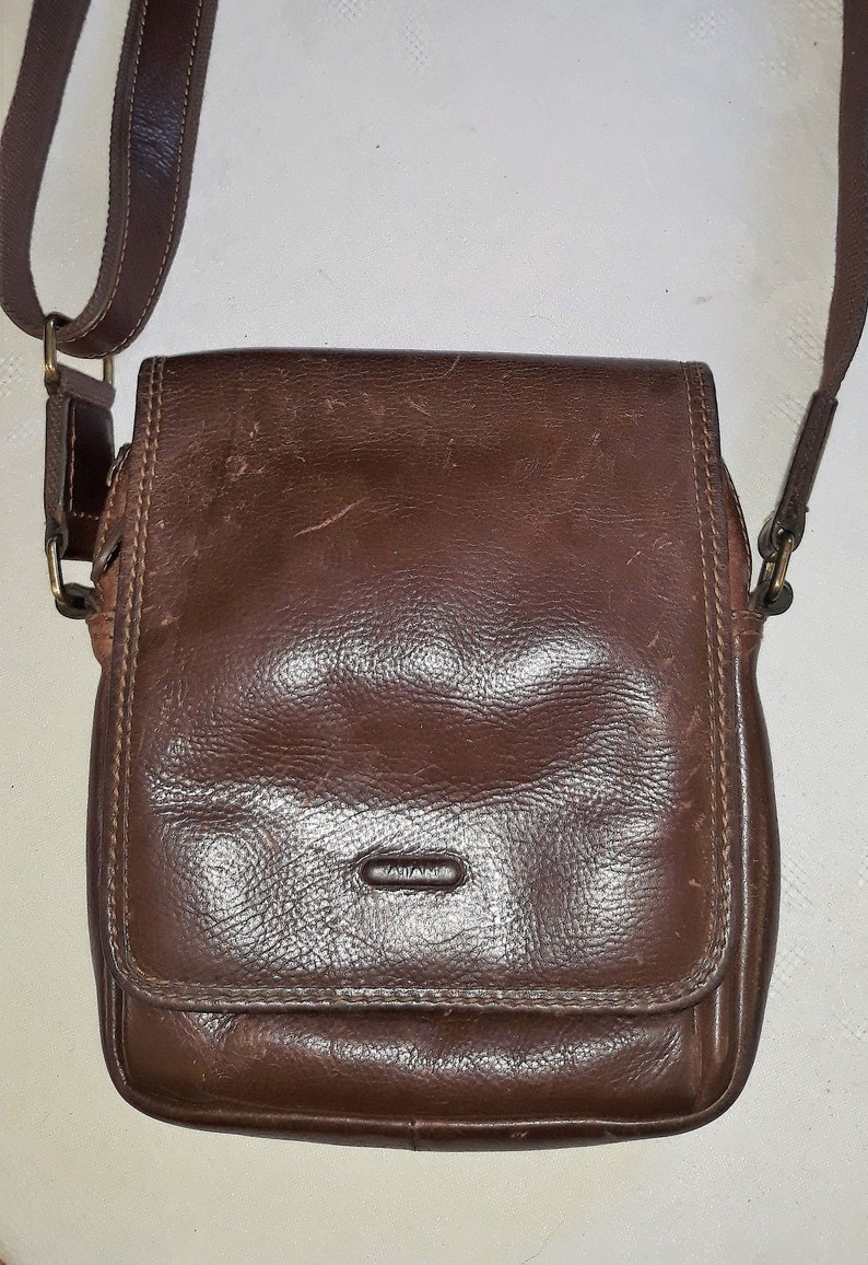 Vintage cognac brown leather men crossbody bag Katana Paris France French high quality messenger bag many compartments european unisex purse