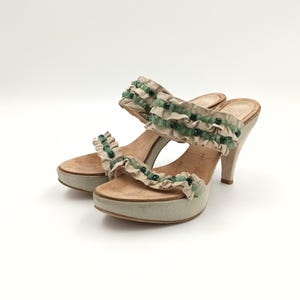 Vintage Leather Platform Mules: Green Crystal Heeled Sandals, Made in Italy, EU 37