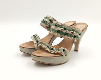 Vintage Leather Platform Mules: Green Crystal Heeled Sandals, Made in Italy, EU 37