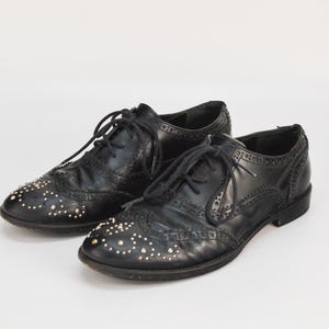 Vintage Leather Wingtip Brogue Shoes: Black Oxford Flats with Silver Studs, Size 36EU